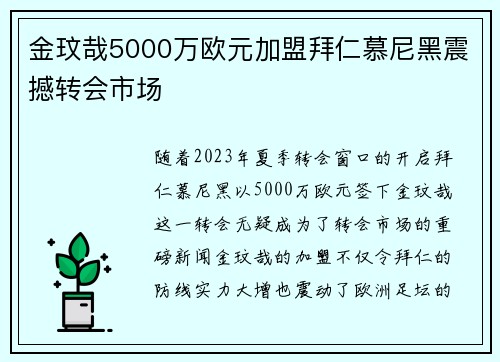 金玟哉5000万欧元加盟拜仁慕尼黑震撼转会市场